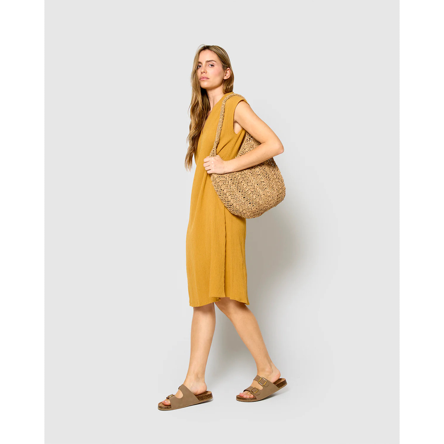 Vestido corto algodón lino ocre
