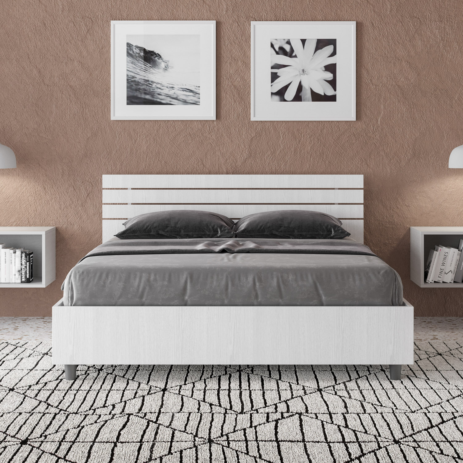 Lit double sans sommier 140x200 tête de lit inclinée avec des lames frêne blanc Ankel