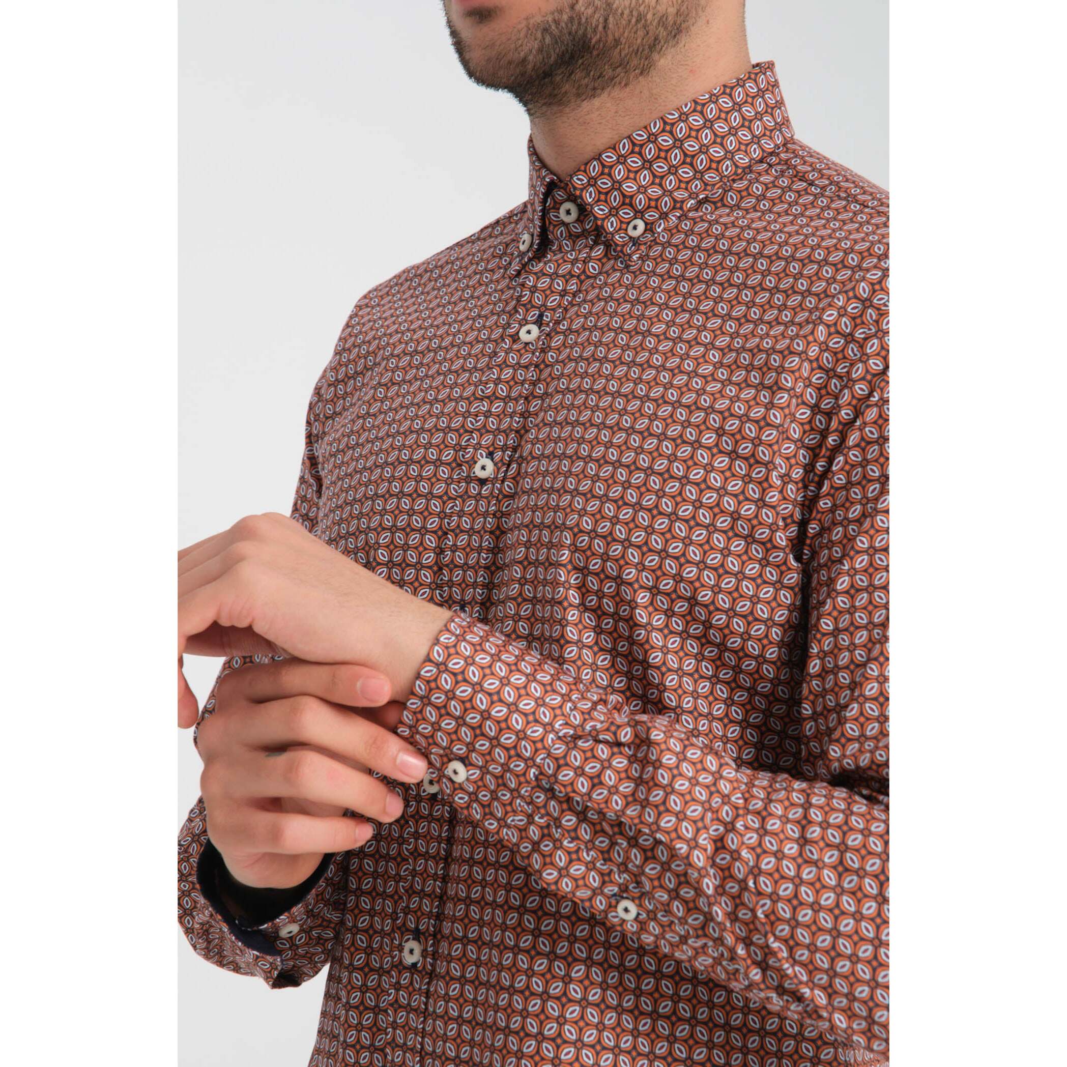 camicia uomo 1 bottone button down slim Popeline Stretch Stampato Blu/Arancio
