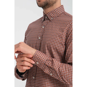 camicia uomo 1 bottone button down slim Popeline Stretch Stampato Blu/Arancio