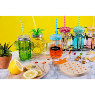 Set de 4 mugs bocal Excelsa – Funny Party, Verre Multicolore avec Couvercle et Paille