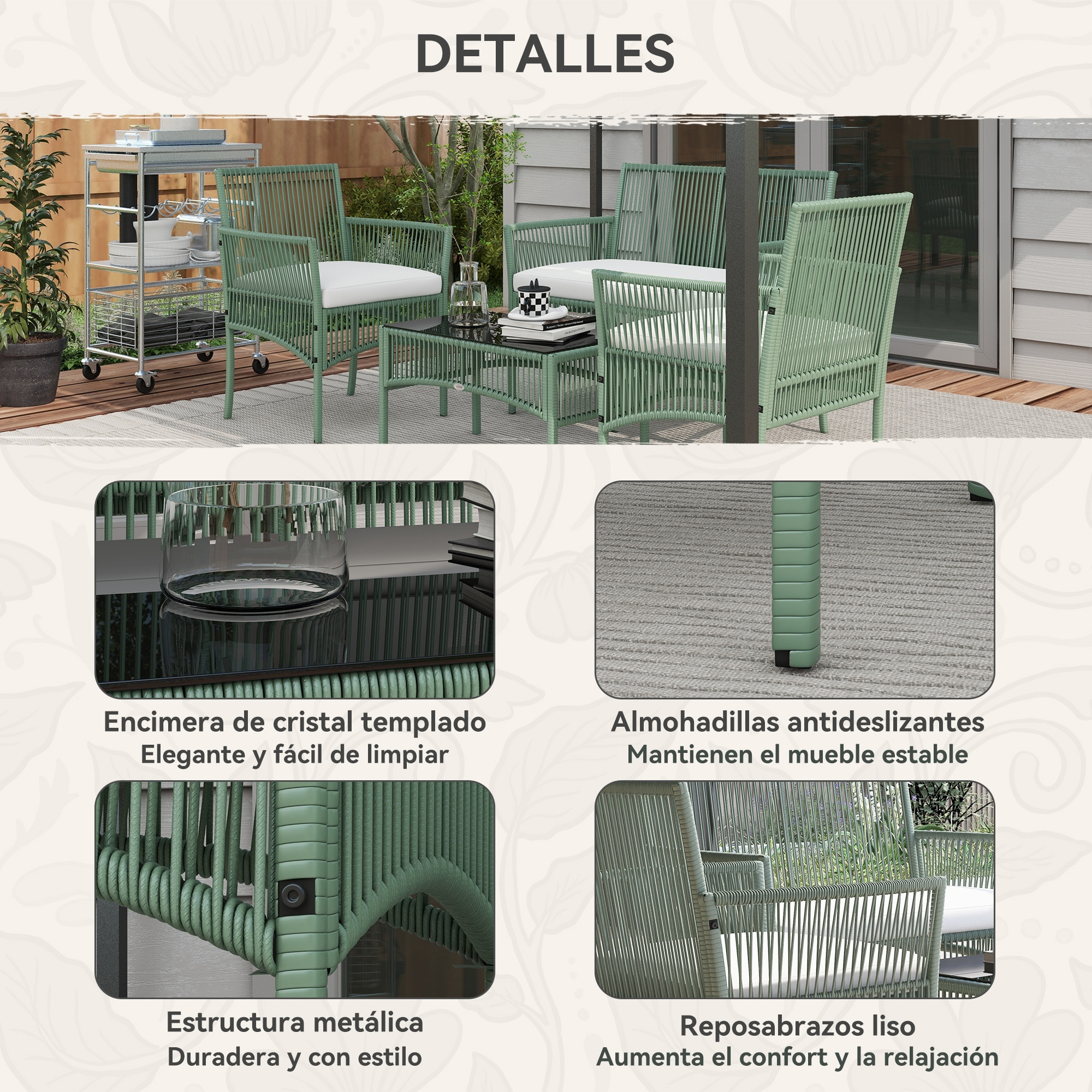 Conjunto Jardín Exterior de Ratán, Muebles Jardín Exterior para 4 Piezas, Muebles Terraza con 1 Sofá de 2 Plazas, 2 Sillones, Cojines y 1 Mesa de Tablero de Vidrio, para Patio, Verde Oscuro