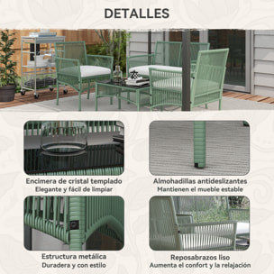 Conjunto Jardín Exterior de Ratán, Muebles Jardín Exterior para 4 Piezas, Muebles Terraza con 1 Sofá de 2 Plazas, 2 Sillones, Cojines y 1 Mesa de Tablero de Vidrio, para Patio, Verde Oscuro