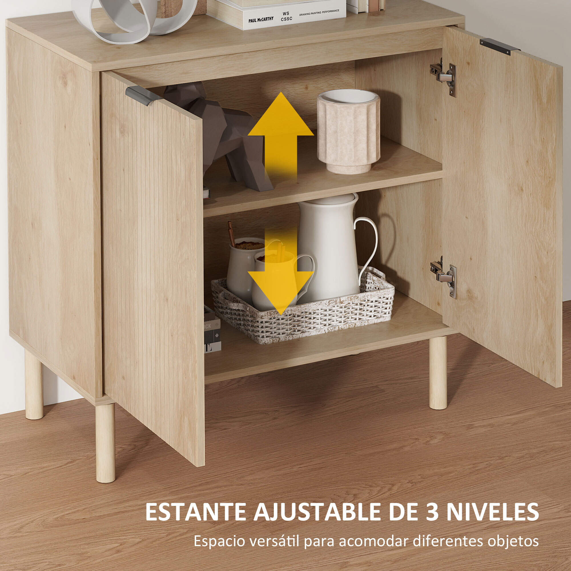 Aparador de Salón Aparador con Estante Ajustable 2 Puertas Sistema Anti-vuelco y Patas de Madera de Pino para Comedor Pasillo 78x40x77,5 cm Roble