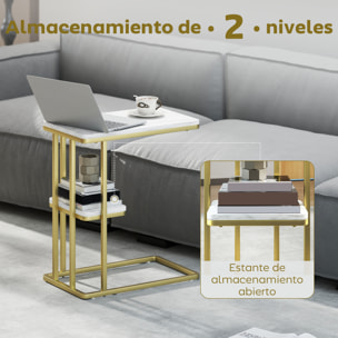 Mesa Auxiliar Estructura en C, Mesita Auxiliar Estrecha de 2 Niveles con Estante, Mesita de Noche Moderna Para Espacios Pequeños, Salón, Dormitorio, 50x30x57,5 cm, Blanco Efecto Mármol