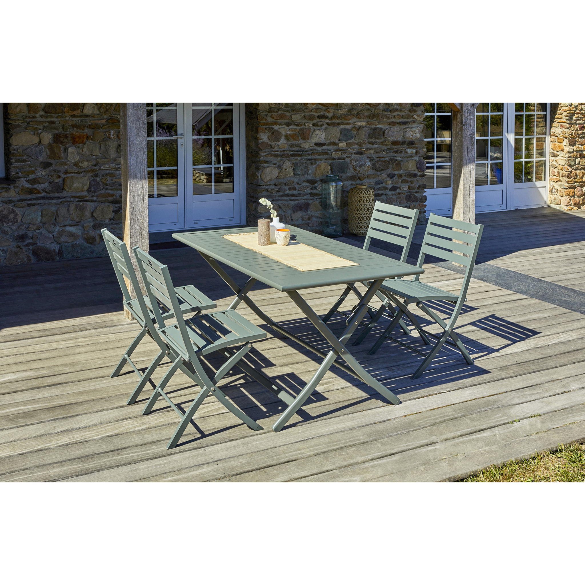 MARIUS - Ensemble repas de jardin 4 places en aluminium vert kaki