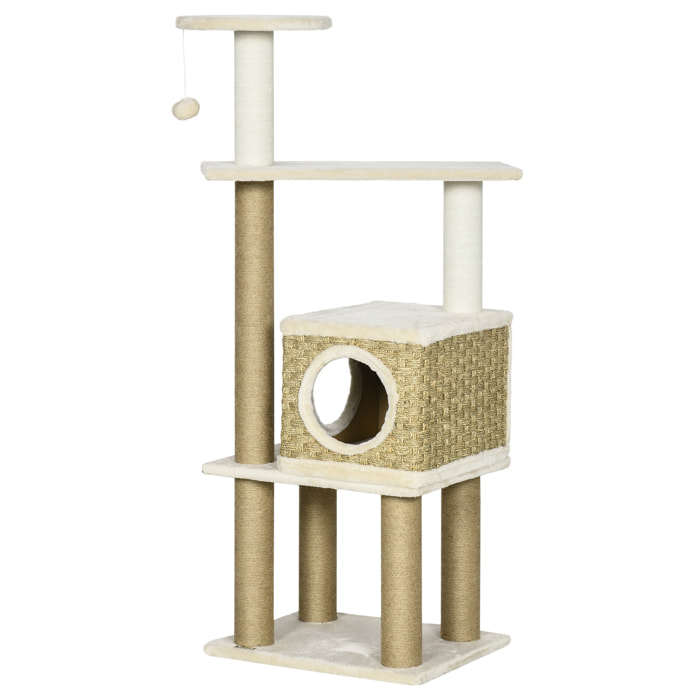 Arbre à chat style cosy chic griffoirs sisal naturel niche plateformes corde jeu boule peluche courte cordes d'algues tressées