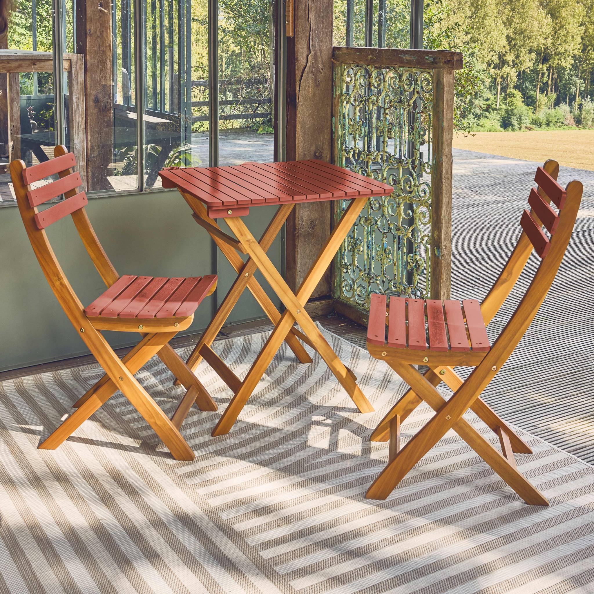 Table de jardin pliante bois d'acacia + 2 assises terracotta HILORA . table carrée