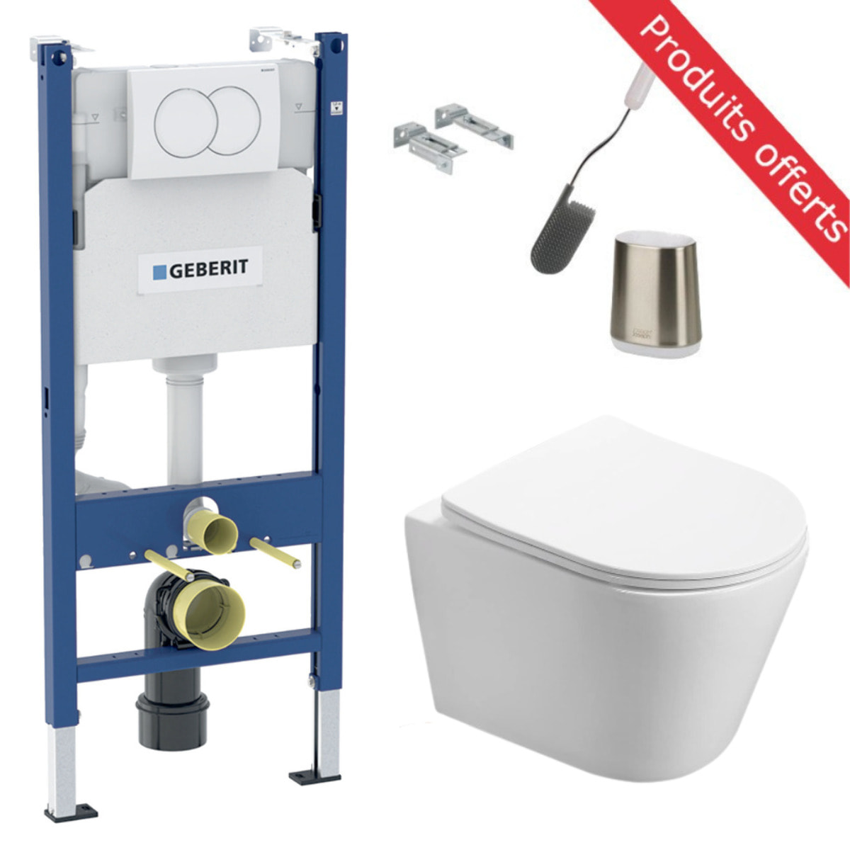 Pack WC sans bride Infinitio + Abattant softclose slim + Bâti Geberit UP100 + Plaque blanche + Brosse Joseph Joseph OFFERTE