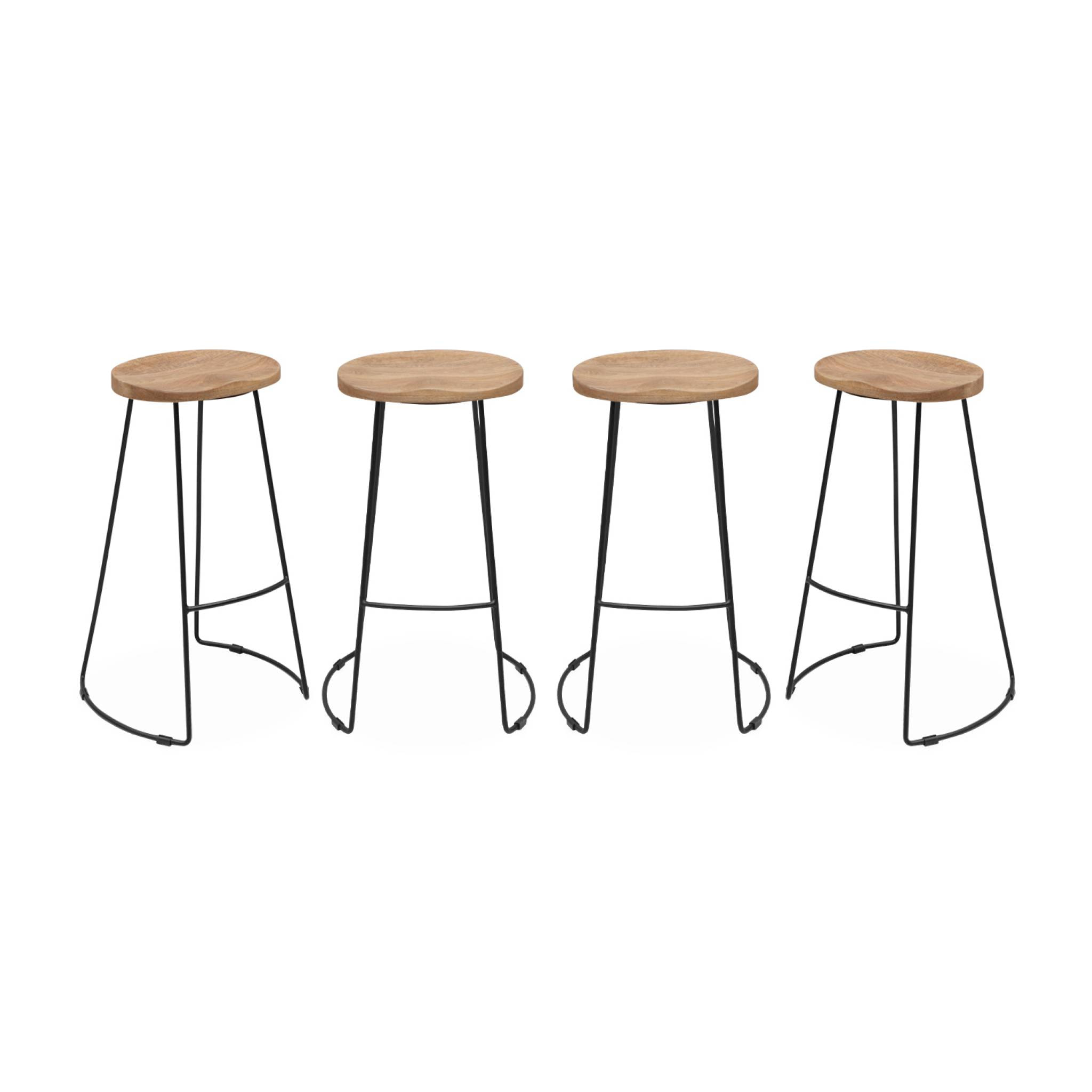 Lot de 4 tabourets de bar bois de manguier naturel et acier. avec repose pieds. 75cm