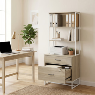 Cajonera Escritorio con Estantería, Mueble Archivador con 2 Cajones, Encimera para Impresora, Cerradura, para A4 Letter Legal, para Oficina, Estudio, Roble