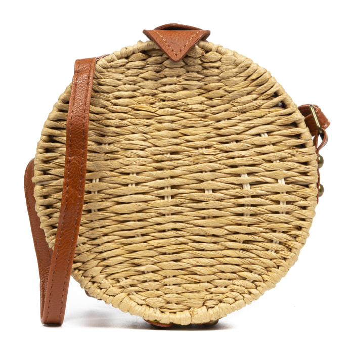 IRIA QUINTANA Borsa a tracolla da donna Cuneo. Tessuto Paglia Pelle Sintetica PU 18x4x18 Cm. Beige
