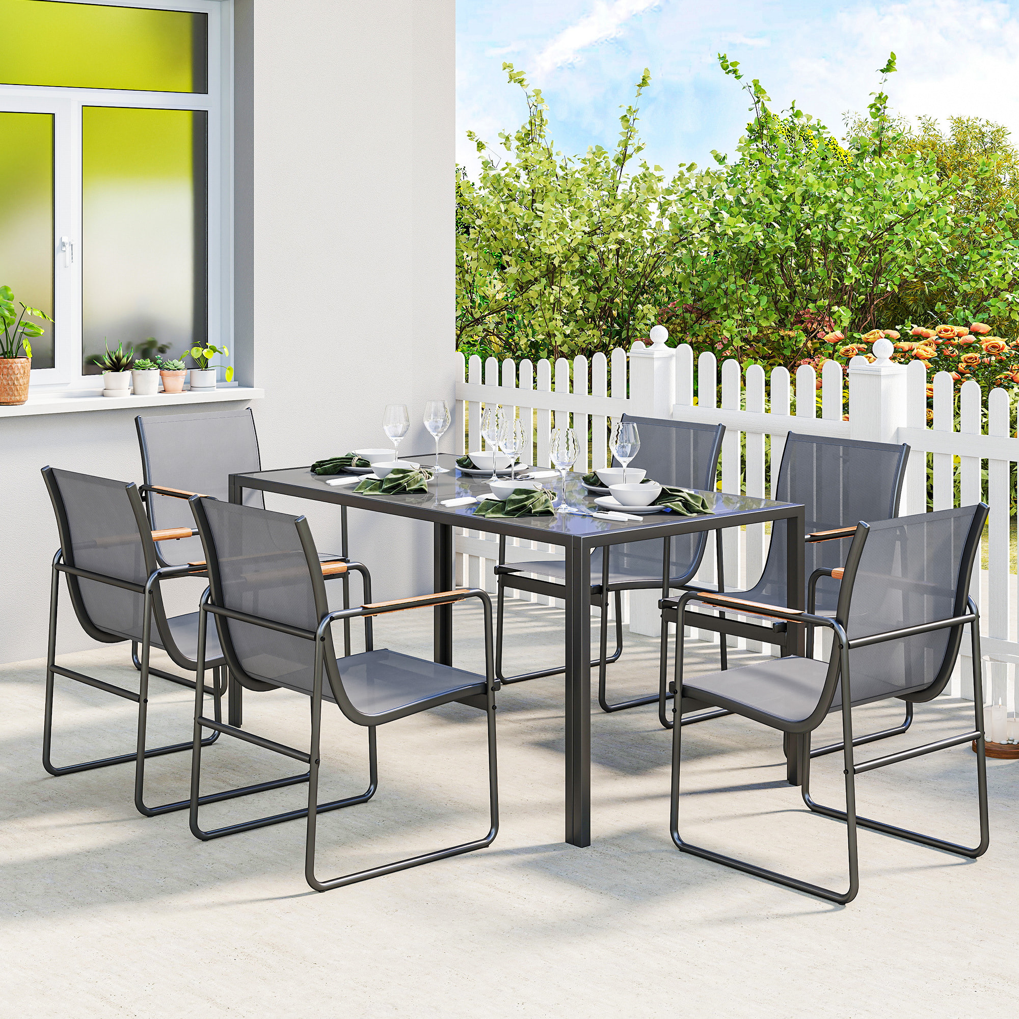 Conjunto de Mesa y Sillas Jardín de 7 Piezas, Muebles Jardín Exterior con Mesa de Vidrio Templado, 6 Sillas Transpirables Decorativas, Marco de Acero Resistente a la Intemperie, Gris