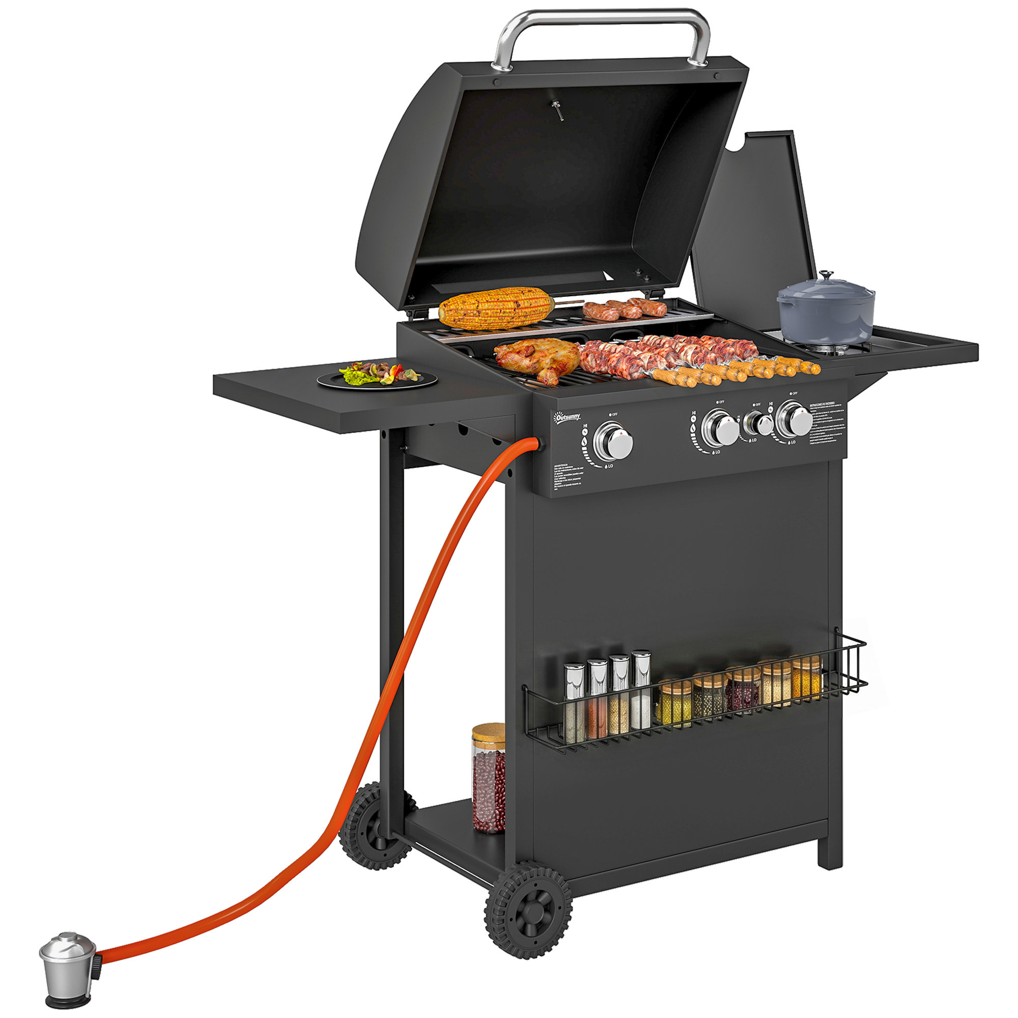 Outsunny Barbacoa de Gas BBQ Gas con 3+1 Quemadores 8,5 kW Barbacoa Portátil con Mesa Lateral Parrilla Termómetro 2 Ruedas Recogedor de Grasa para Exterior Jardín Camping Negro