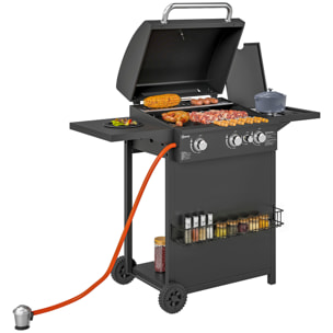 Outsunny Barbacoa de Gas BBQ Gas con 3+1 Quemadores 8,5 kW Barbacoa Portátil con Mesa Lateral Parrilla Termómetro 2 Ruedas Recogedor de Grasa para Exterior Jardín Camping Negro