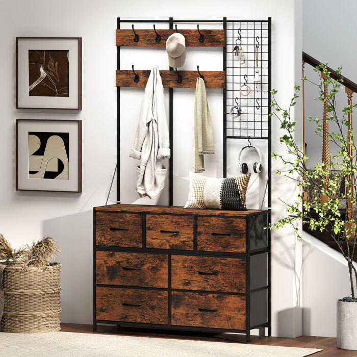 Meuble d'entrée 4 en 1 style industriel multi-rangement métal noir effet bois vieilli