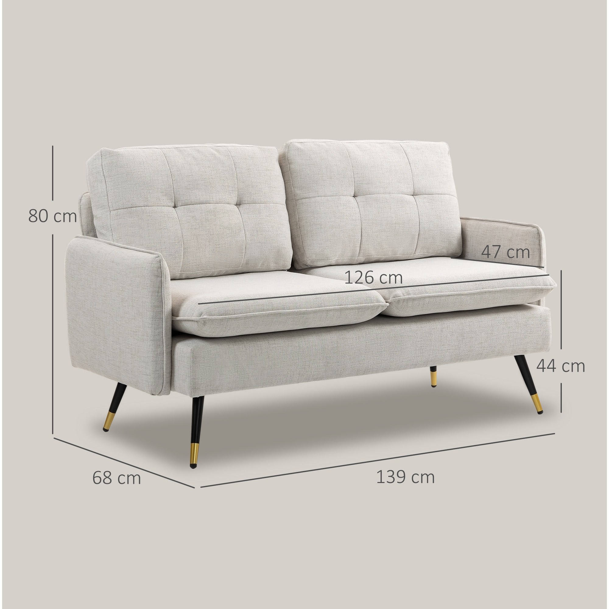 Sofá de 2 Plazas Tapizado en Lino Sofá de Salón 139 cm con Cojines Reposabrazos y Patas de Acero para Dormitorio Oficina Carga 240 kg Crema