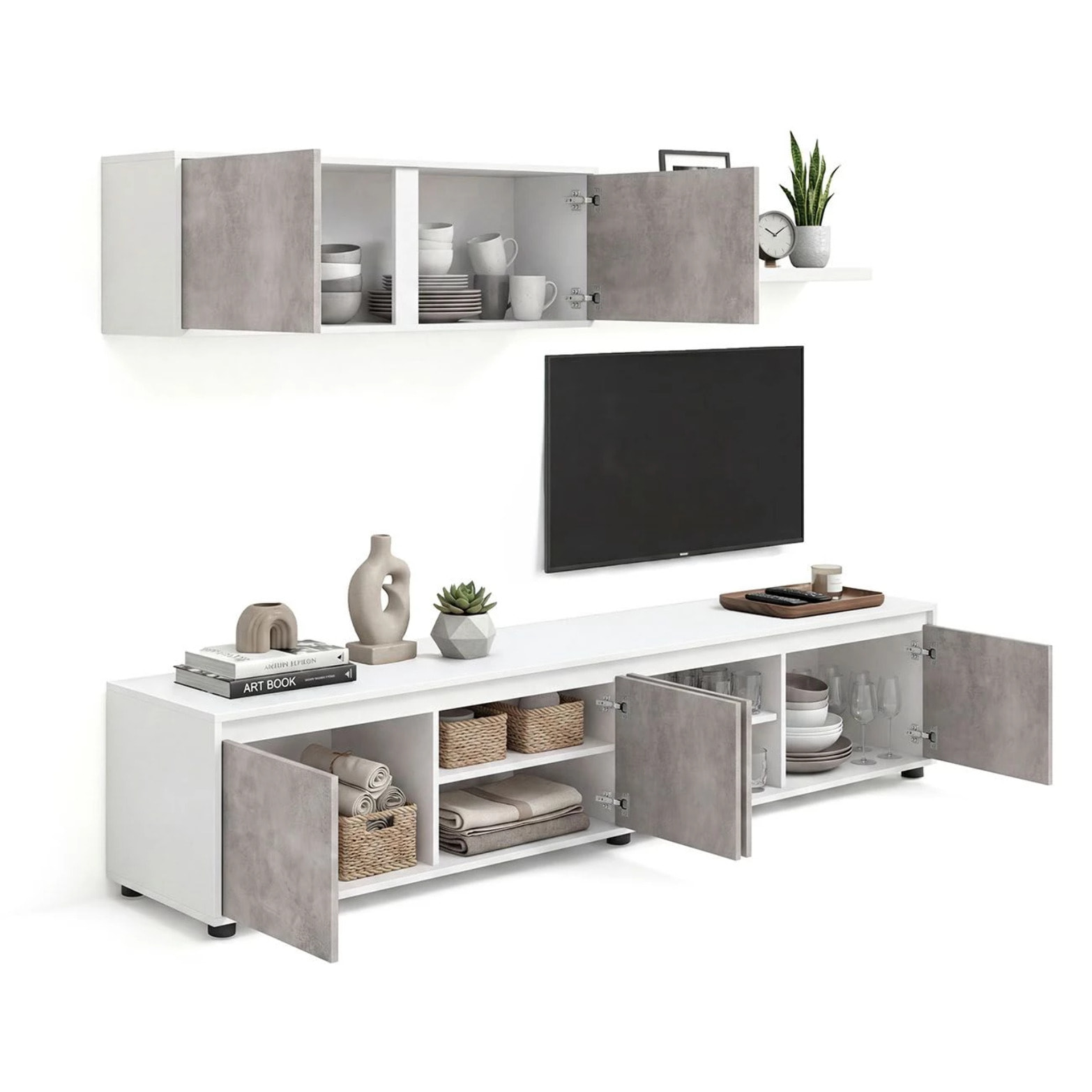 Salón con mueble de TV y estantería en blanco artik y gris cemento 200 cm Arlet Blanco Artik (Blanco Mate) - Gris Cemento