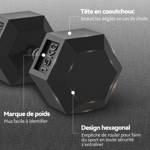 Lot de 2 haltères courtes poids total 30 Kg - entraînement musculaire & haltérophilie - acier caoutchouc noir