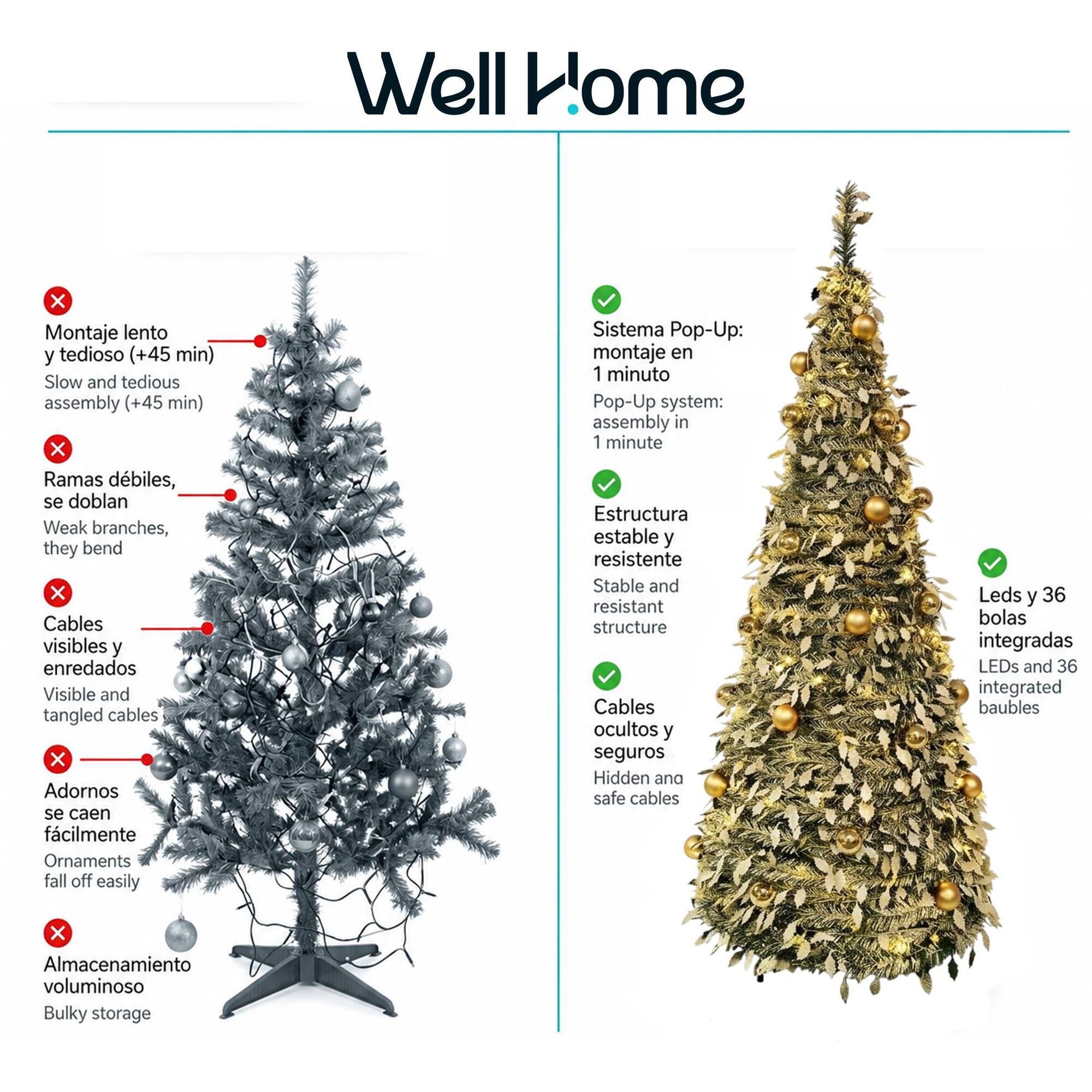Árbol de navidad con 150 leds blanco cálido y 36 bolas champagne de ø70x180 cm con 8 funciones de luz