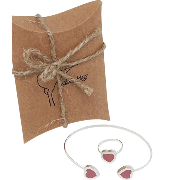 Conjunto Colors Corazón Pulsera y anillo plata 10µ Rosa