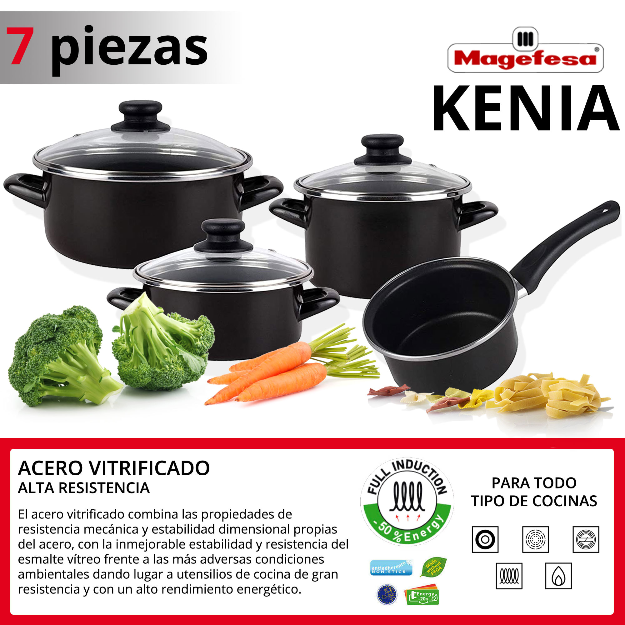 Bateria de cocina 7 piezas MAGEFESA Kenia de acero vitrificado con juego de sartenes (16/20/24 cm) SAN IGNACIO Navy Red en aluminio prensado