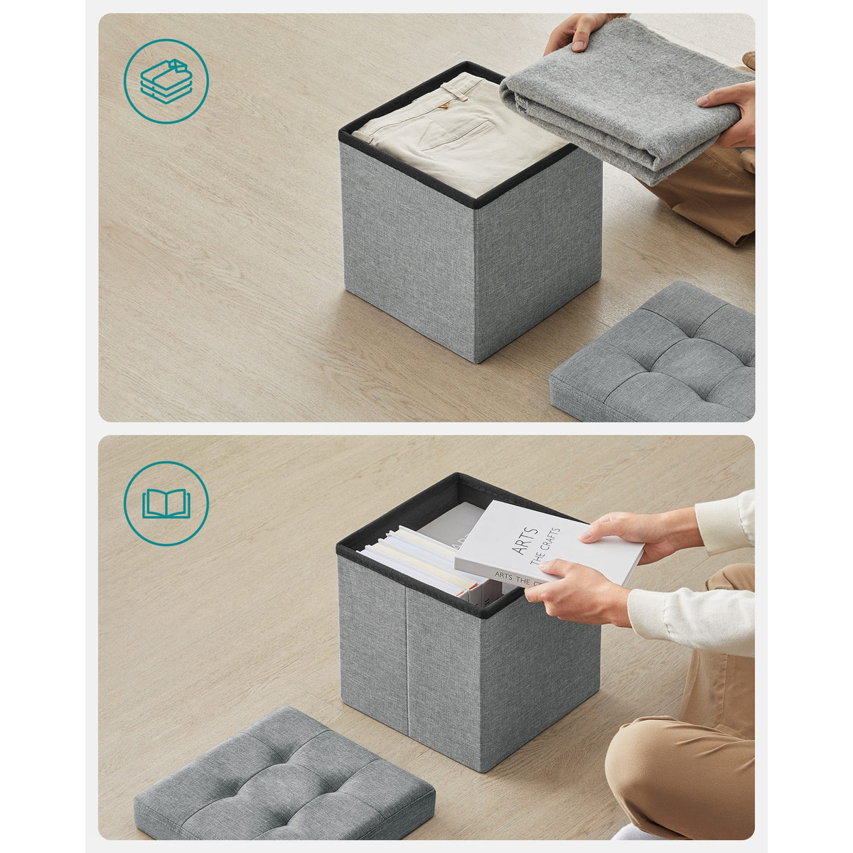 Pouf contenitore pieghevole grigio chiaro effetto lino