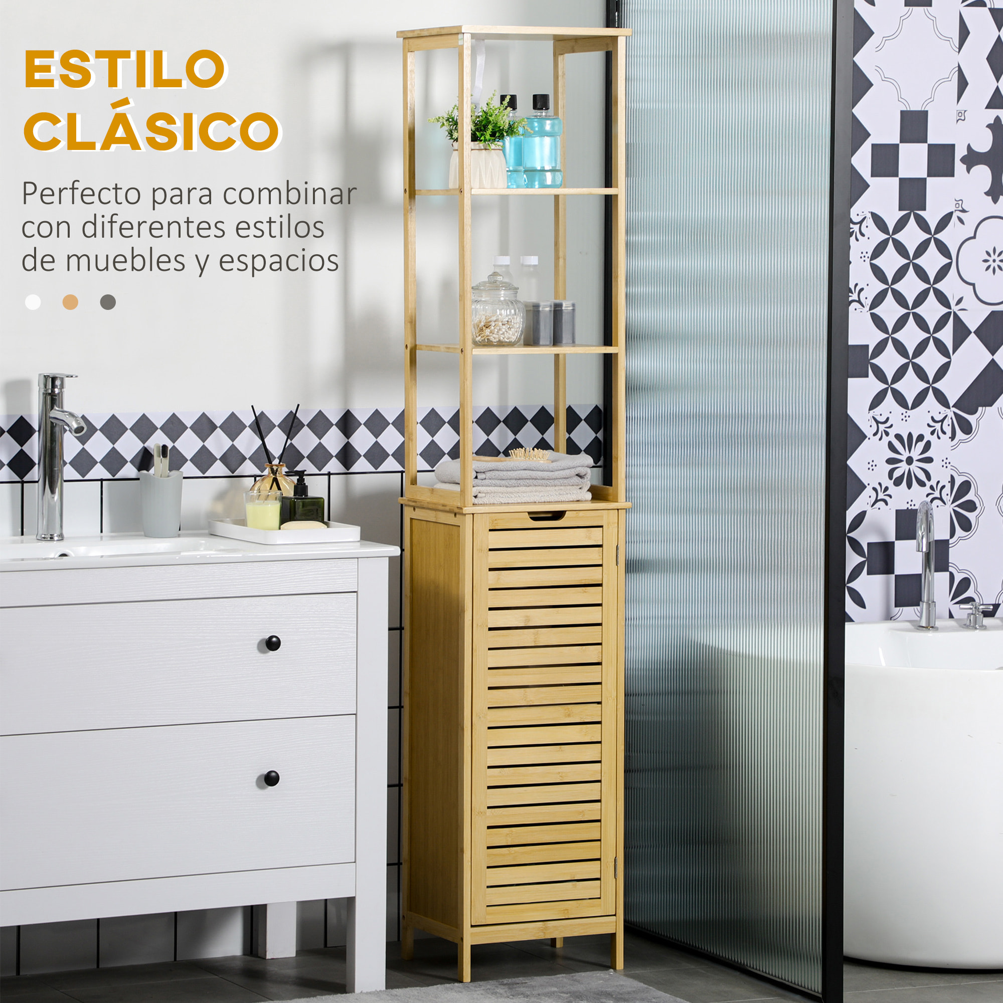 Estantería de Baño de Bambú Armario Alto para Baño con 3 Estantes y 1 Puerta Mueble Columna de Almacenaje para Salón 34x30x173 cm Natural