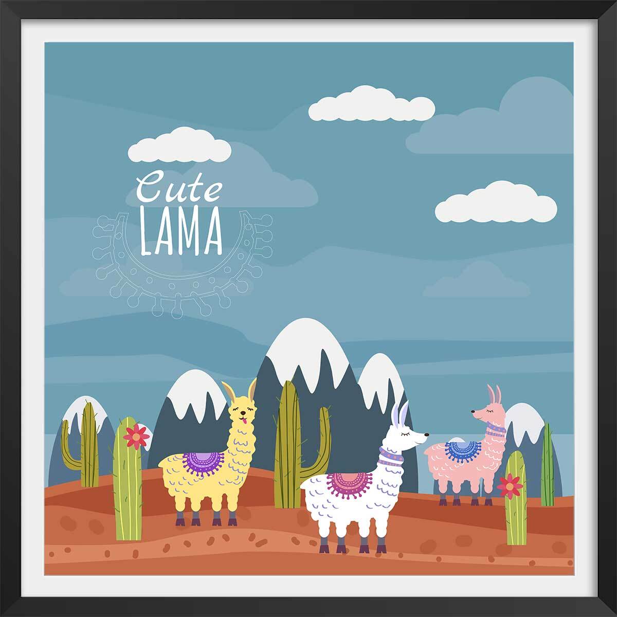 Affiche illustration lamas et sommets enneigés Affiche sous cadre noir
