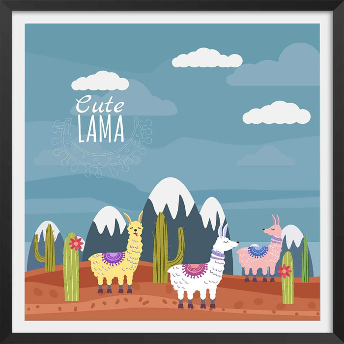 Affiche illustration lamas et sommets enneigés Affiche sous cadre noir