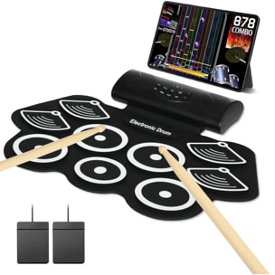 Batterie électronique drum set - kit de batterie électrique - 9 pads, pédales, baguettes de tambour, haut-parleurs - blanc noir