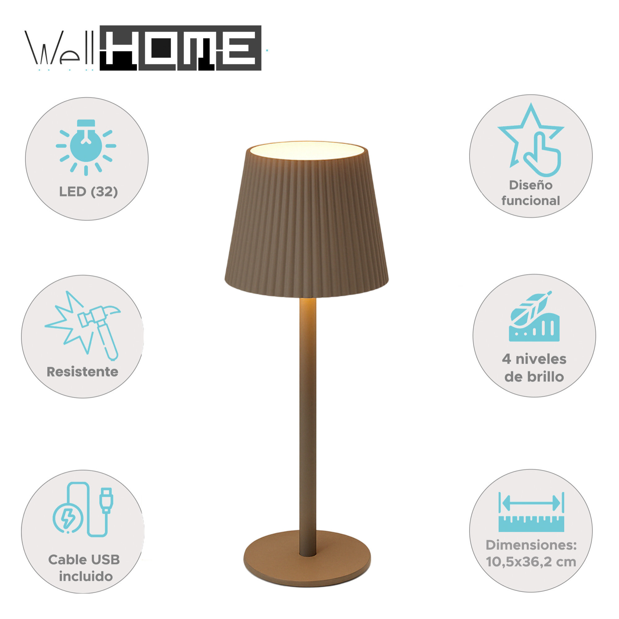 Well Home Lámpara de mesa Taupe LED Recargable con 32 Luces Blancas cálidas y 4 niveles de Brillo Ø10,5x36,2cm