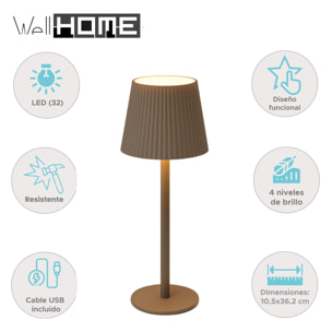 Well Home Lámpara de mesa Taupe LED Recargable con 32 Luces Blancas cálidas y 4 niveles de Brillo Ø10,5x36,2cm