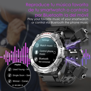 DAM Smartwatch T96 con auriculares TWS intergados. Reproducción musical del propio smartwatch y externa. Funciones deportivas y salud. 5,3x1,6x5,3 Cm. Color: Azul Oscuro