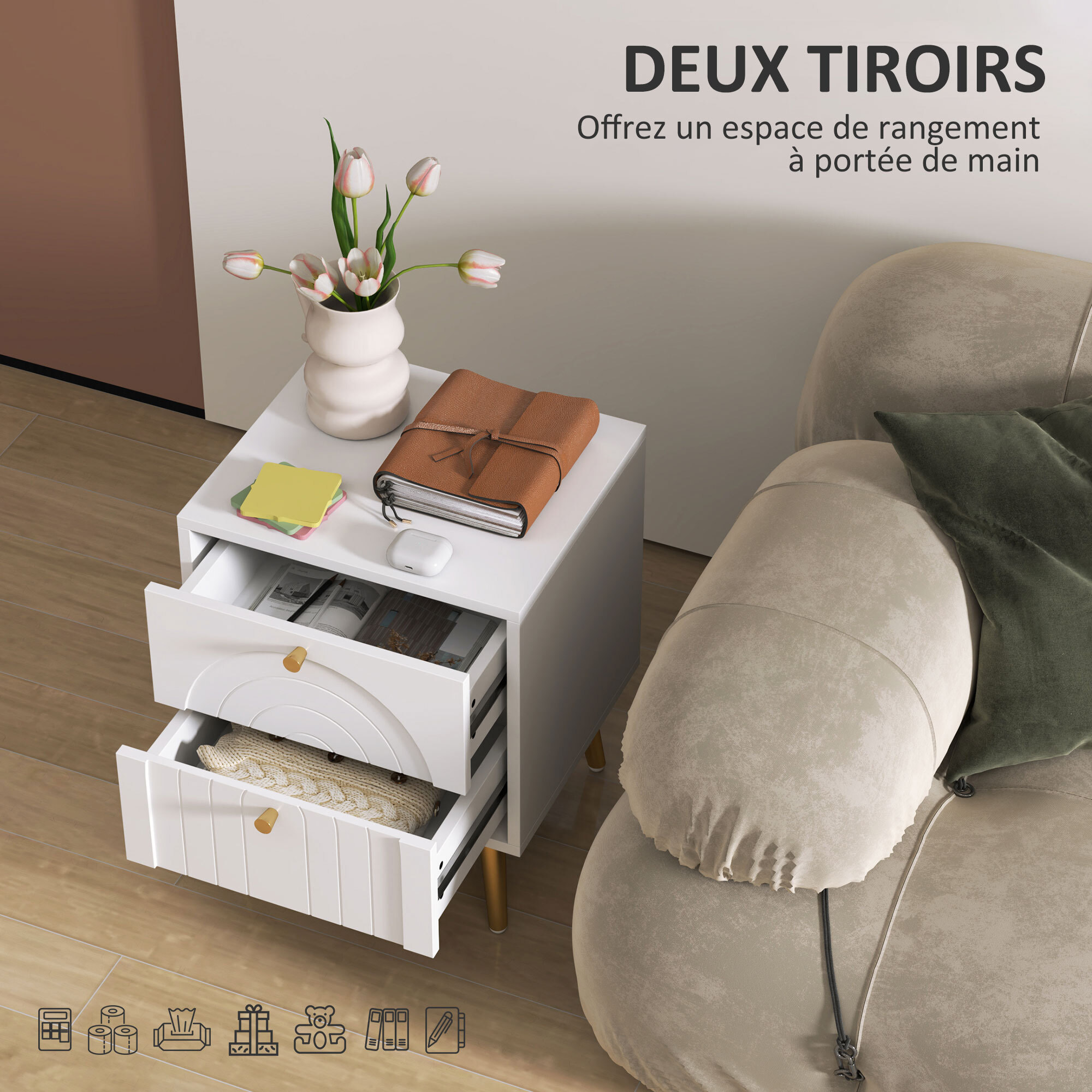Lot de 2 chevets tables de nuit design - 2 tiroirs - piètement poignée métal doré blanc