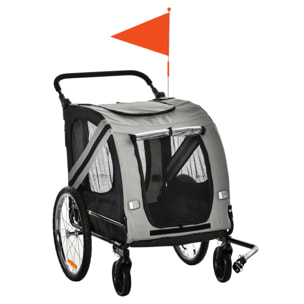 Remolque de Bicicleta Perros 2 en 1 Carrito Transporte para Mascotas con Puertas Enrollables Ventanas Cinturón de Seguridad Bandera y 6 Reflectores 140x72,5x108 cm Gris