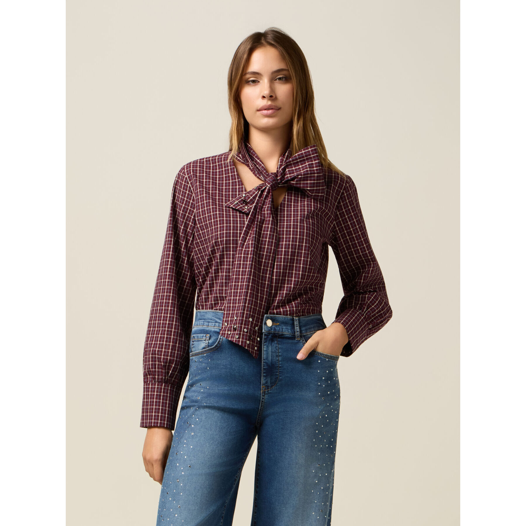 Oltre - Camisa de algodón con lazo y gemelos - Burgundy