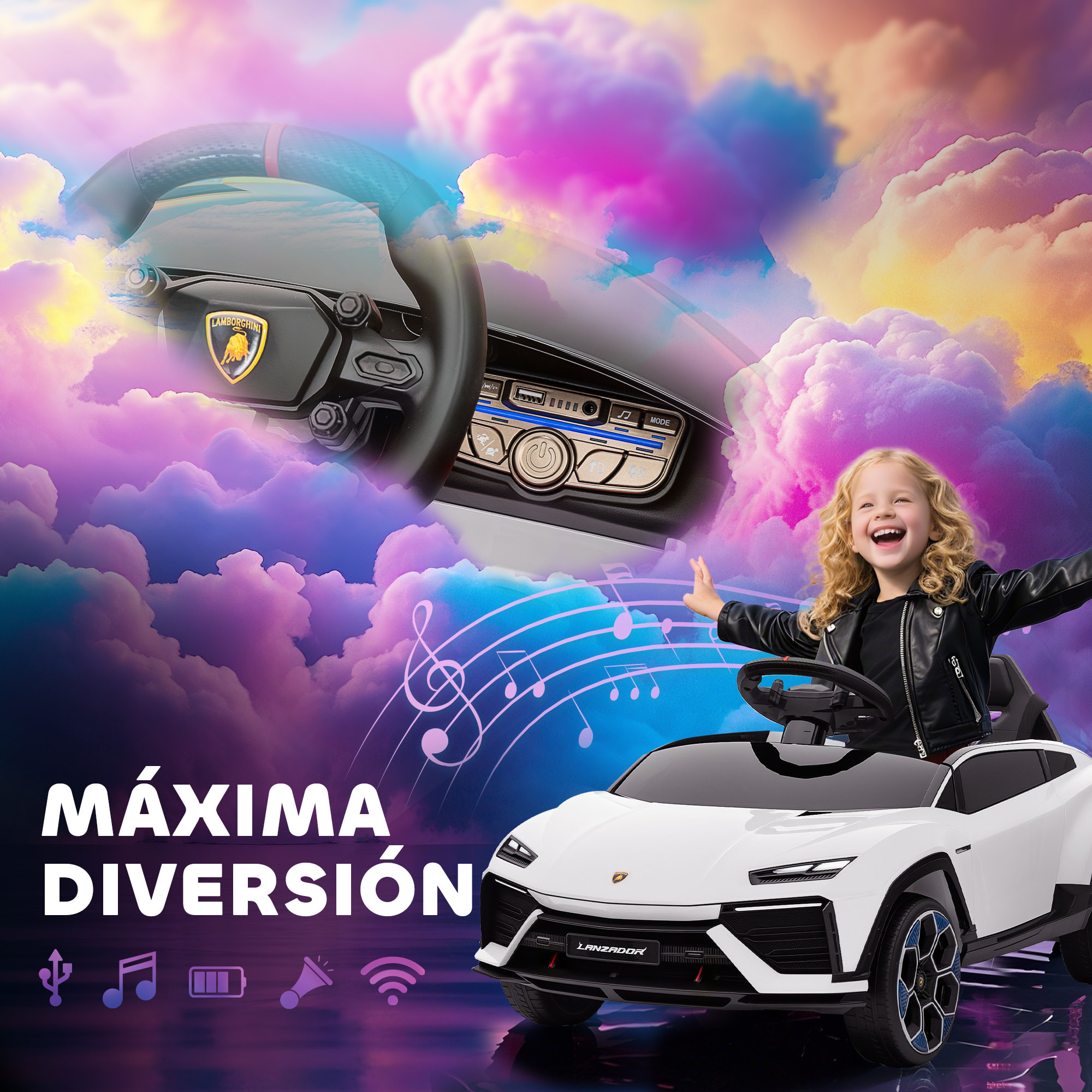 Coche Eléctrico para Niños de +3 Años, Lamborghini, Coche de Batería 12V, con Mando a Distancia 2,4 G, Motor Doble, Ruedas con Suspensión, Faros, Música, USB, Blanco