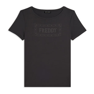 T-shirt donna con logo strass e glitter