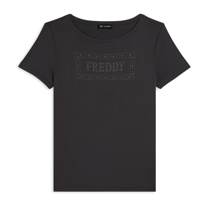 T-shirt donna con logo strass e glitter
