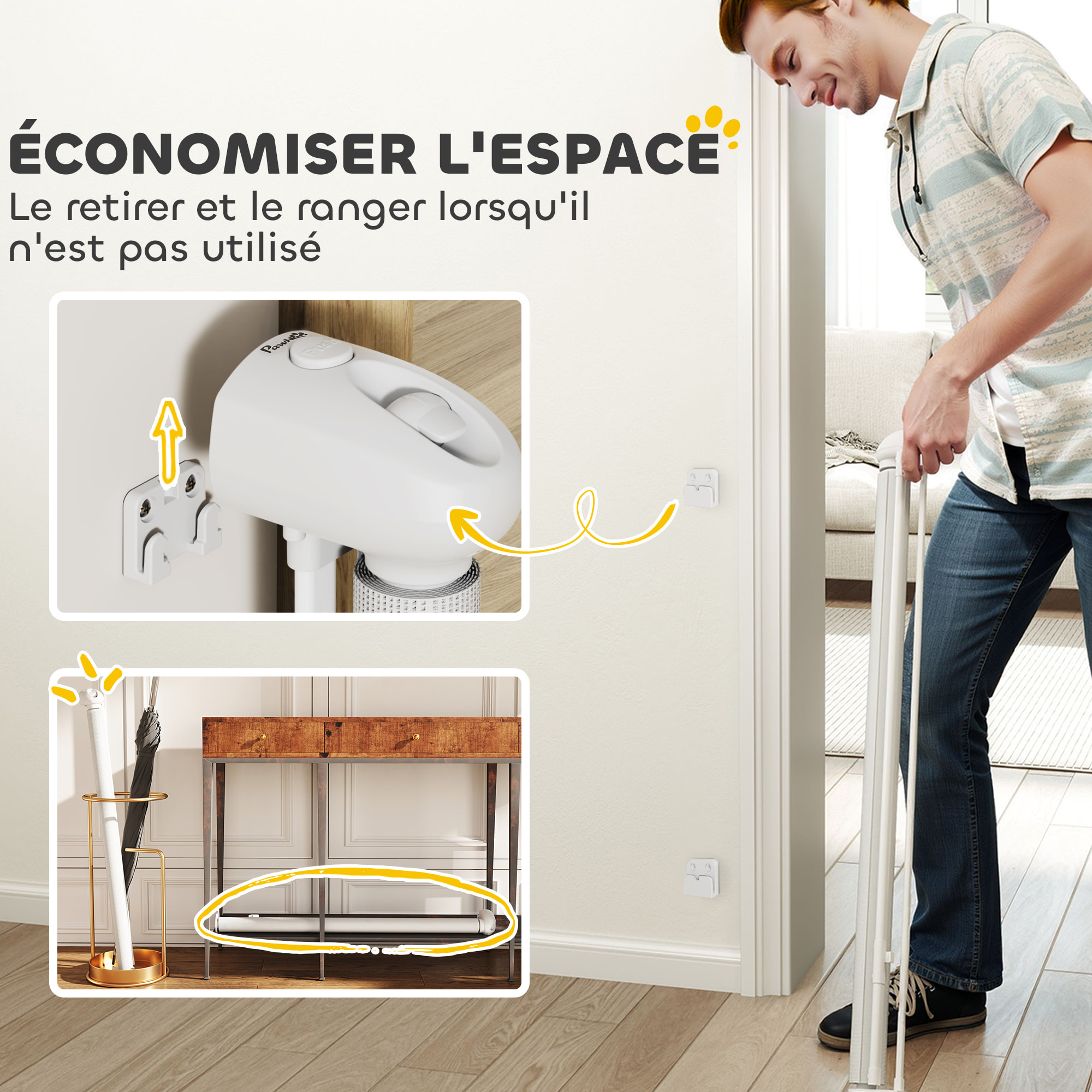 Barrière de sécurité chien rétractable 0-144 cm H.87 cm verrouillage auto alu PVC blanc