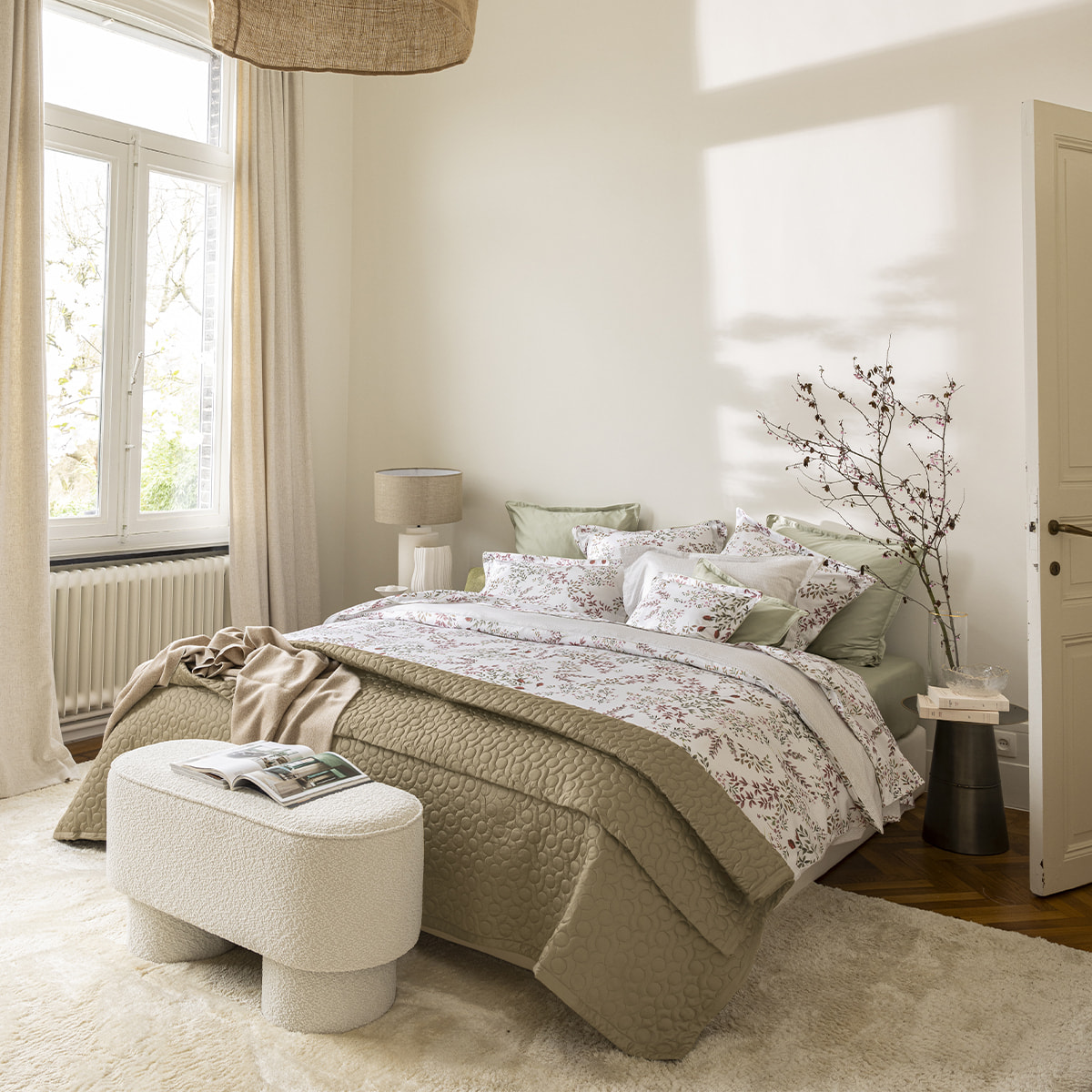 Drap plat imprimé en satin de coton bio, TOURBILLON, Rouge Cosmos