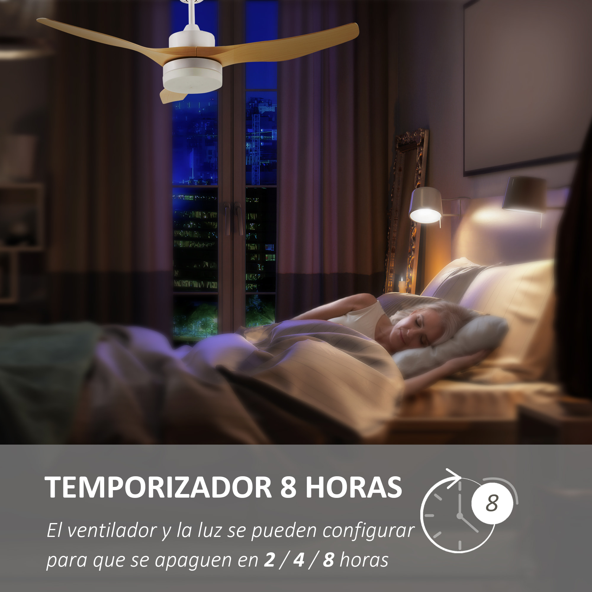 Ventilador de Techo con Luz LED Motor DC 20,5W con Mando a Distancia Ajustable de 3 Niveles 3 Aspas Reversibles 6 Velocidades y Temporizador Ø132x40 cm Natural