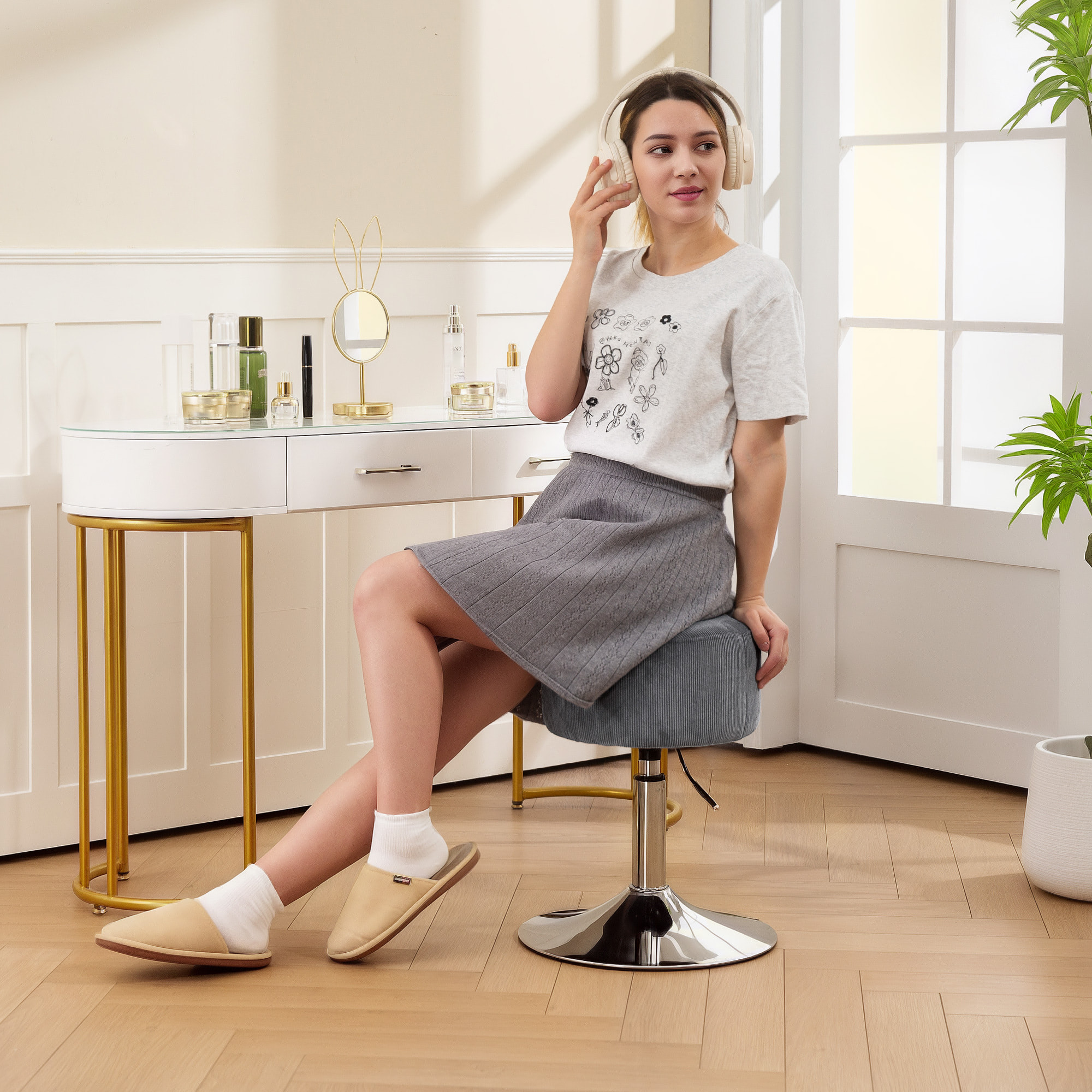 Taburete de Bar Taburete Alto de Cocina Regulable en Altura 52-66 cm Tapizado en Pana Giratorio en 360° para Comedor Tocador Mostrador Gris