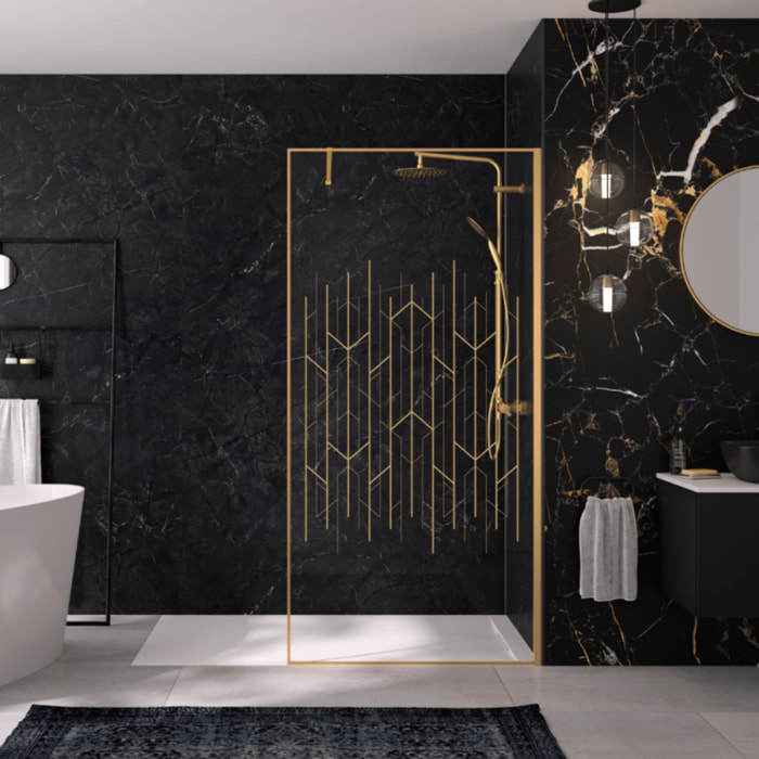Paroi de douche KINEDO Solo Design + sérigraphié art déco 140cm profilé Or brossé