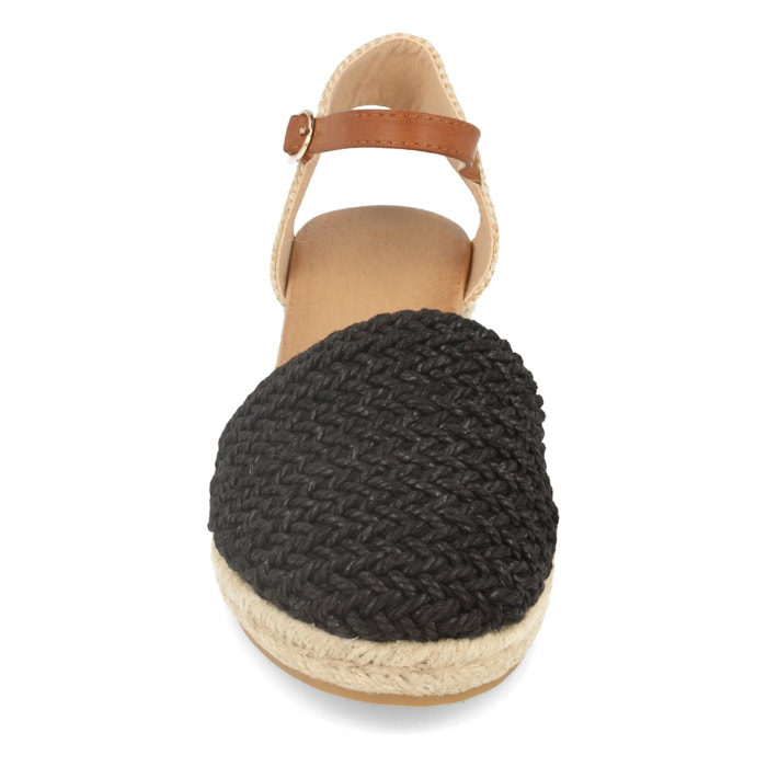 Sandalia para Mujer con Cuña de Yute, Pala Cerrada de Rafia, Talon Abierto y Cierre de Hebilla Primavera Verano 2020
