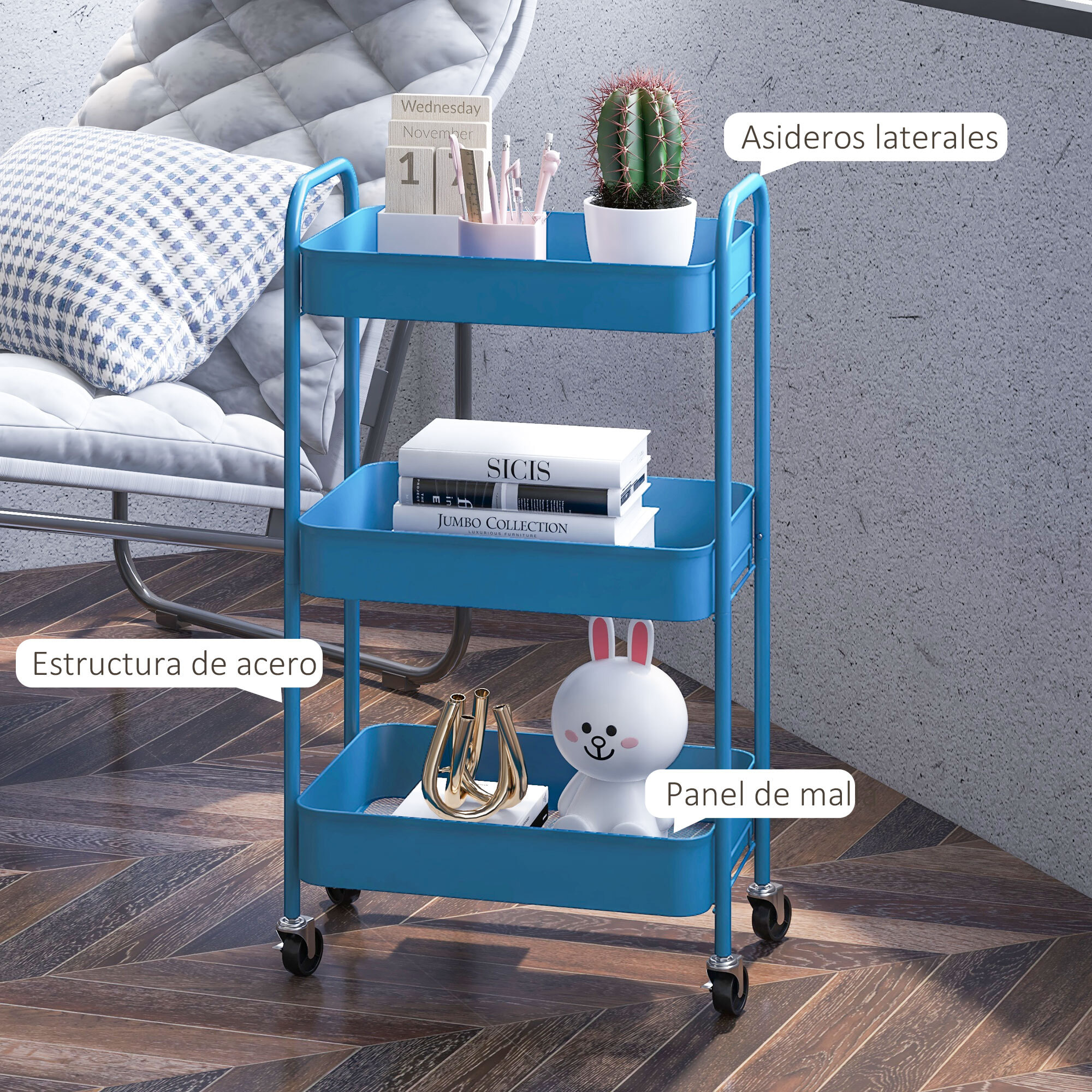 Carrito Auxiliar con Ruedas Carrito de Almacenamiento con 3 Cestas y Marco de Acero para Salón Dormitorio Oficina Cocina 45x30,6x79 cm Azul Oscuro