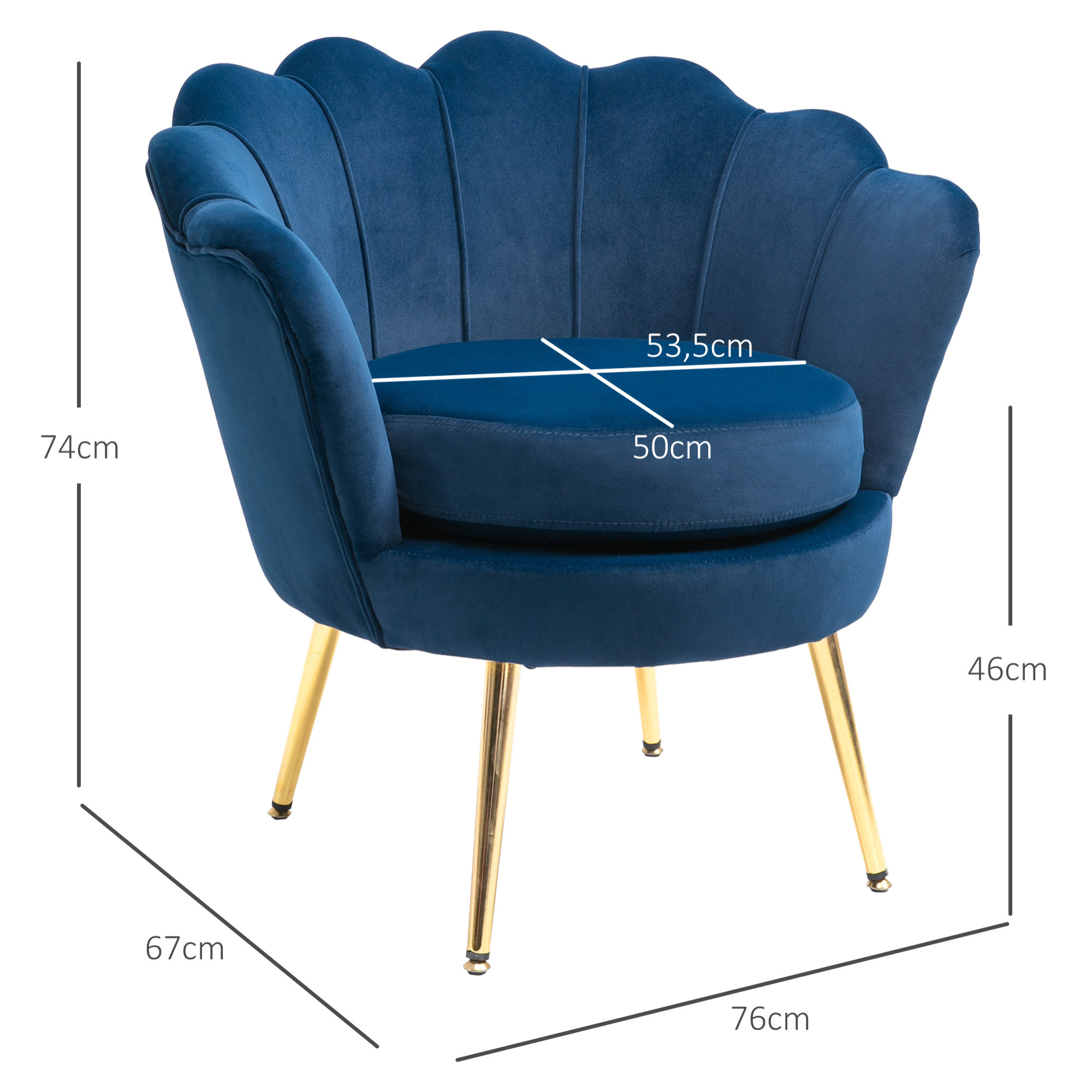 Butaca de Salón Tapizada en Terciopelo Sillón Butaca de Dormitorio con Respaldo en Forma de Concha y Patas Doradas para Comedor 76x67x74 cm Azul