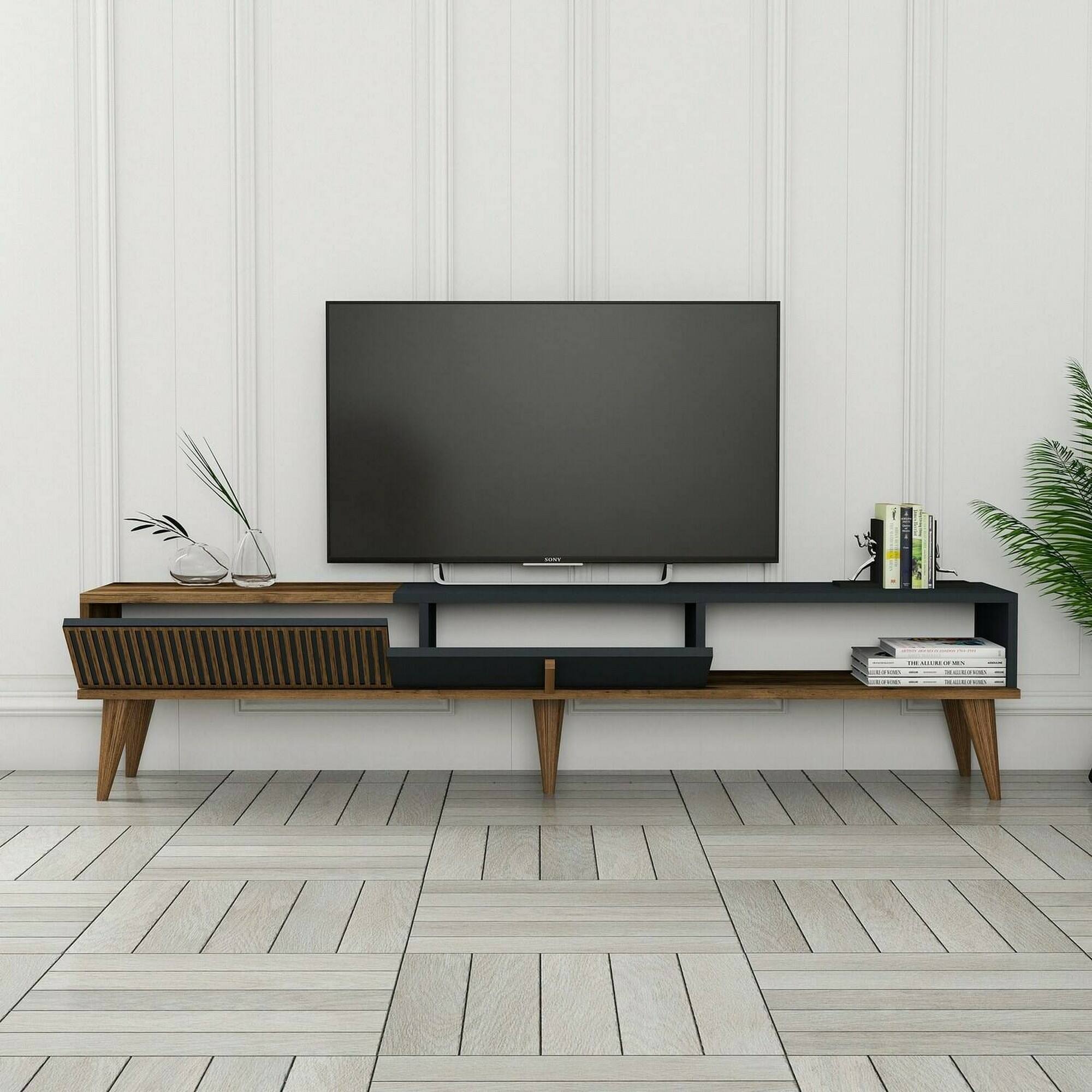 Mobile porta TV Dfirican, Credenza da soggiorno, Armadio basso per TV, Base parete attrezzata, 180x35h40 cm, Noce e Antracite