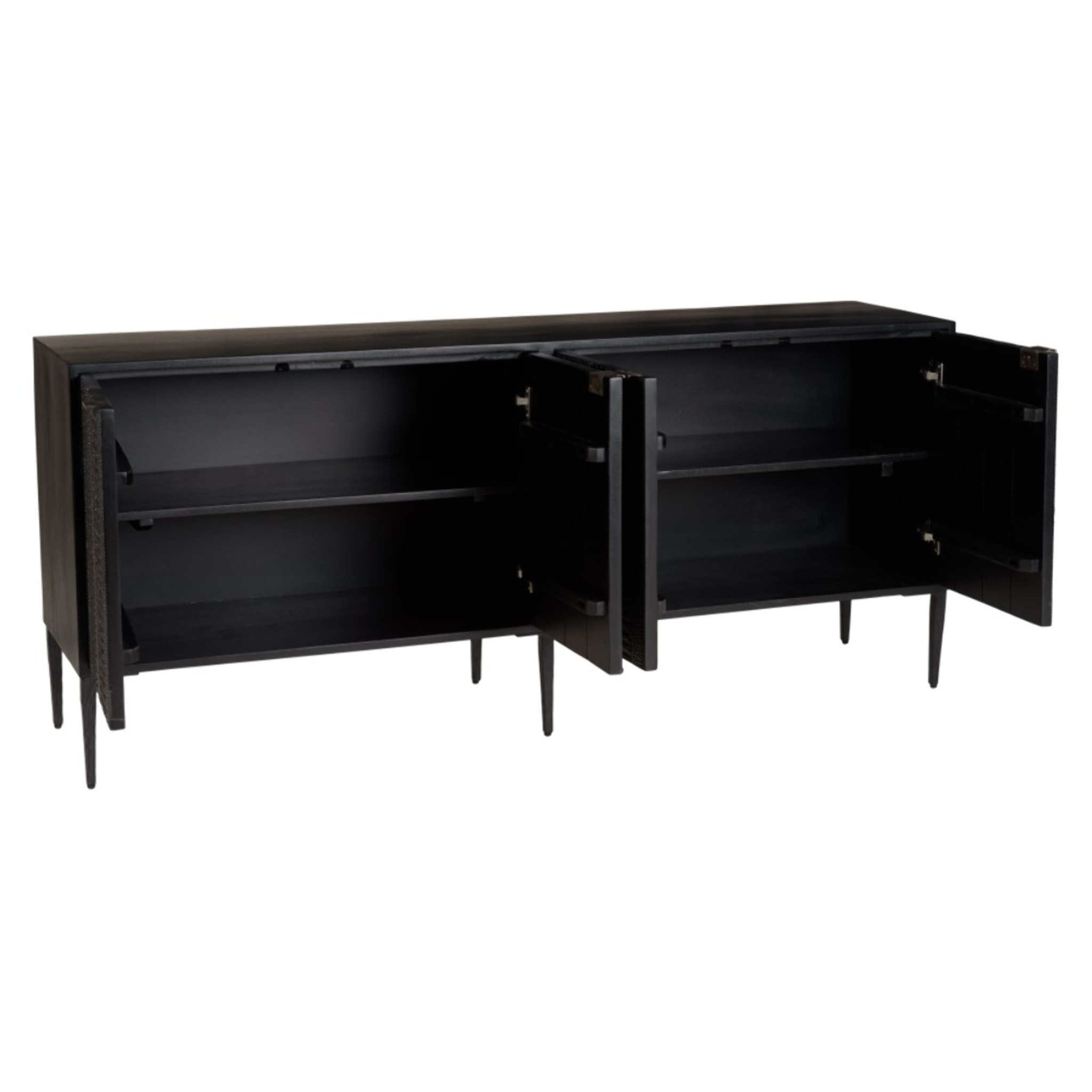 GLORIA - Buffet en manguier noir 4 portes sculptées pieds en métal